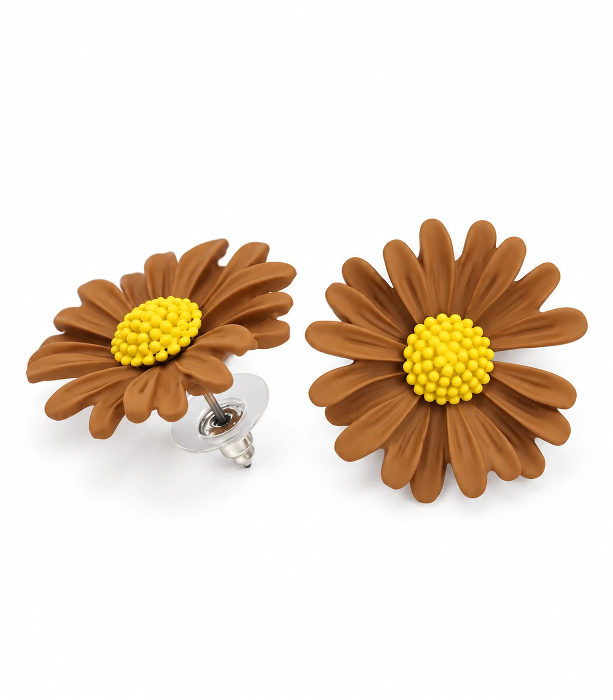 JIMIKI Camel yellow centre daisy stud earrings, matching pair on a white background #color_camel