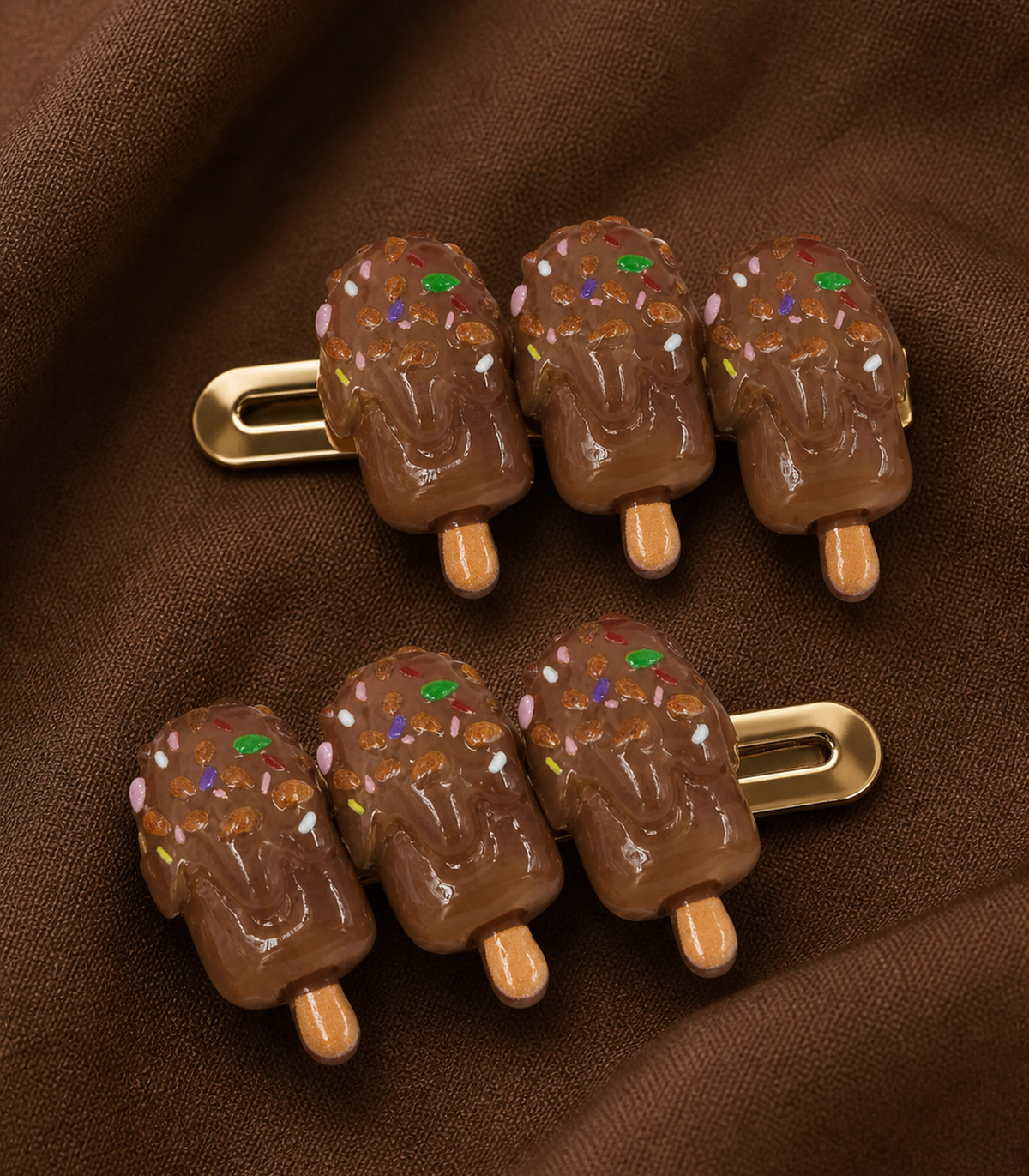 Chocolate Iced Pop Trio Clip Pair in close-up detail