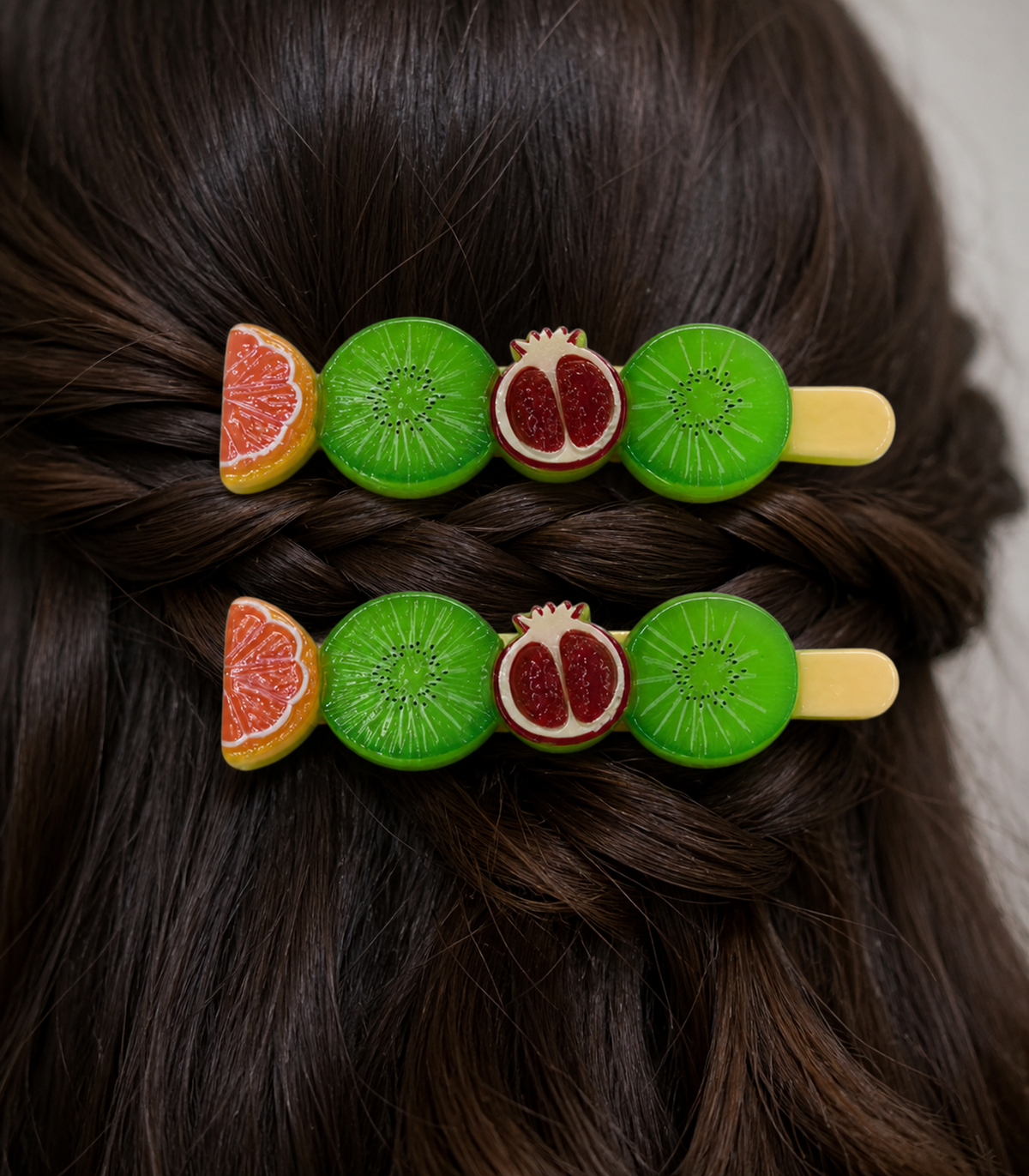 Citrus Kiwi Pomegranate Barrette Pair in close-up detail