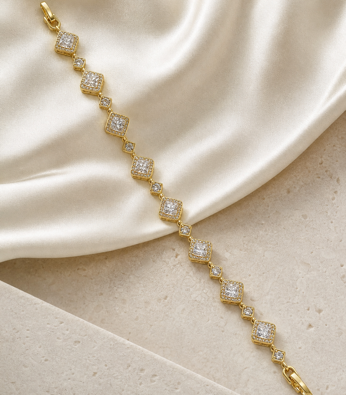 Clear Crystal Diamond Link Bracelet in an editorial flat lay