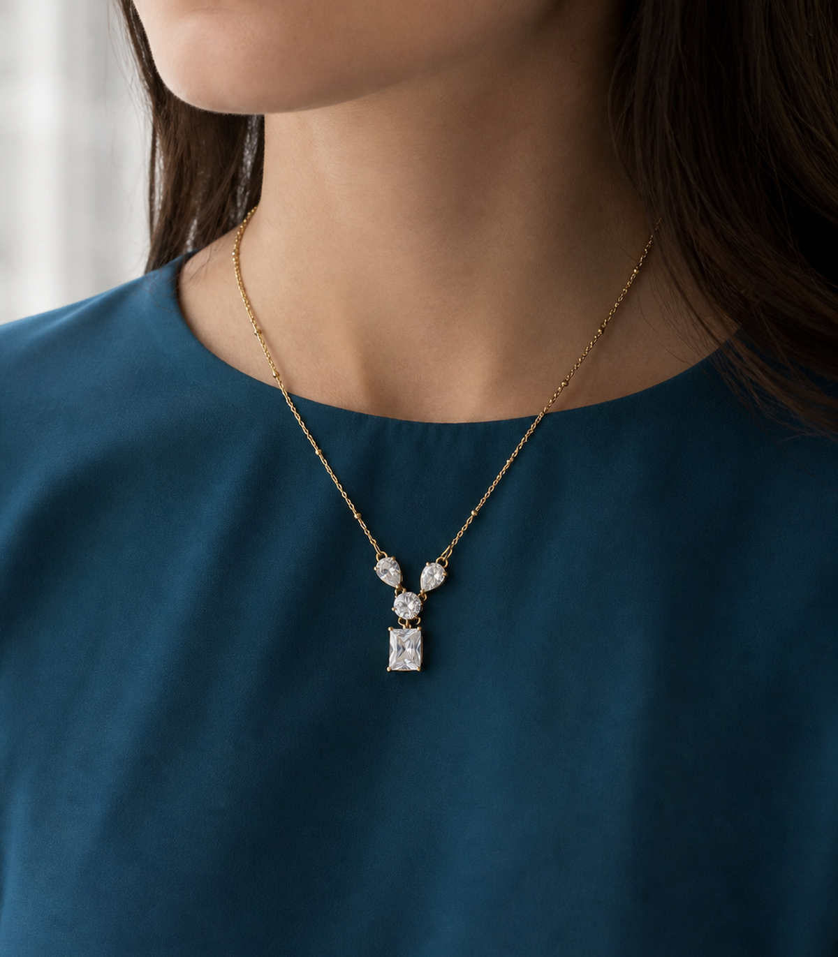 Clear Crystal Pendant Necklace styled on a model