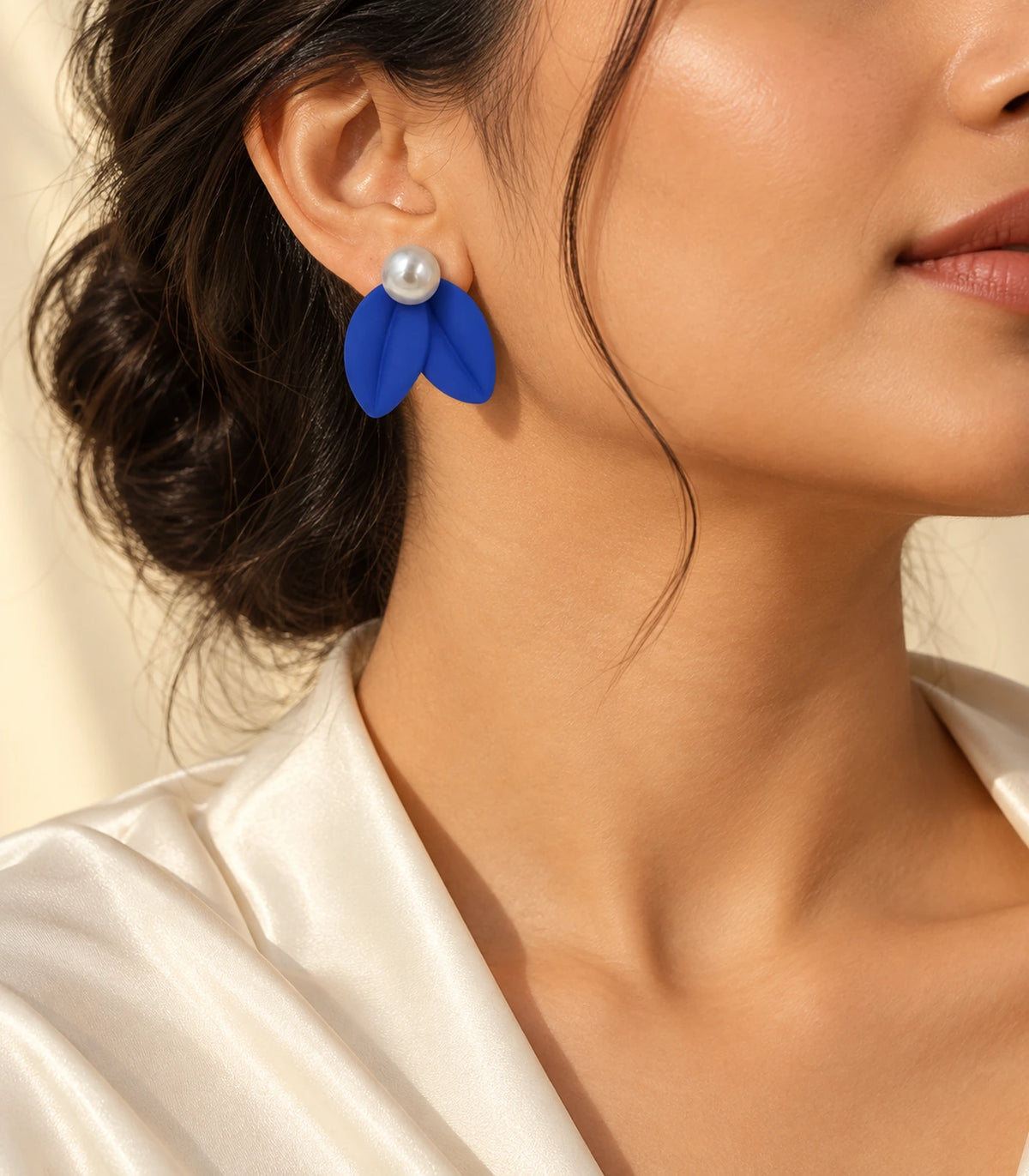 JIMIKI Double Leaf Pearl Stud Earrings in Cobalt Blue — earrings styled with an outfit #color_cobalt blue