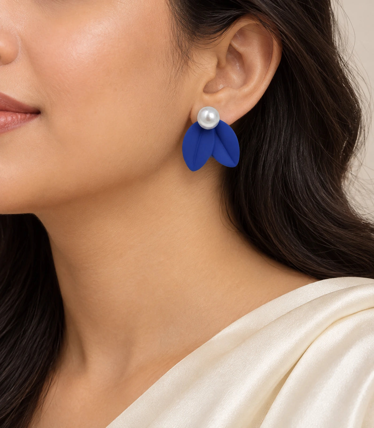 JIMIKI Double Leaf Pearl Stud Earrings in Cobalt Blue — earrings worn on the ear #color_cobalt blue