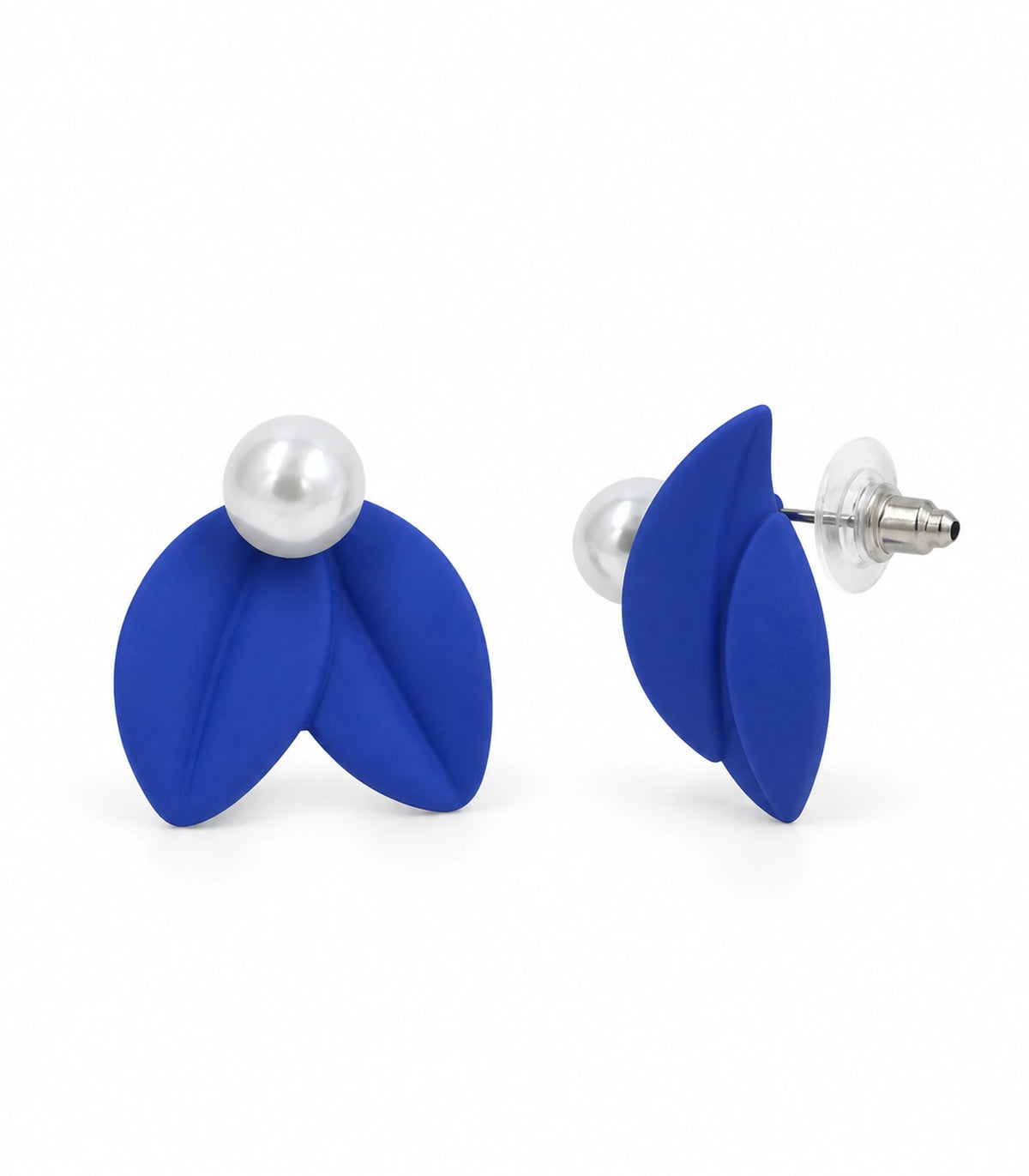 JIMIKI Double Leaf Pearl Stud Earrings in Cobalt Blue — pair on white background #color_cobalt blue
