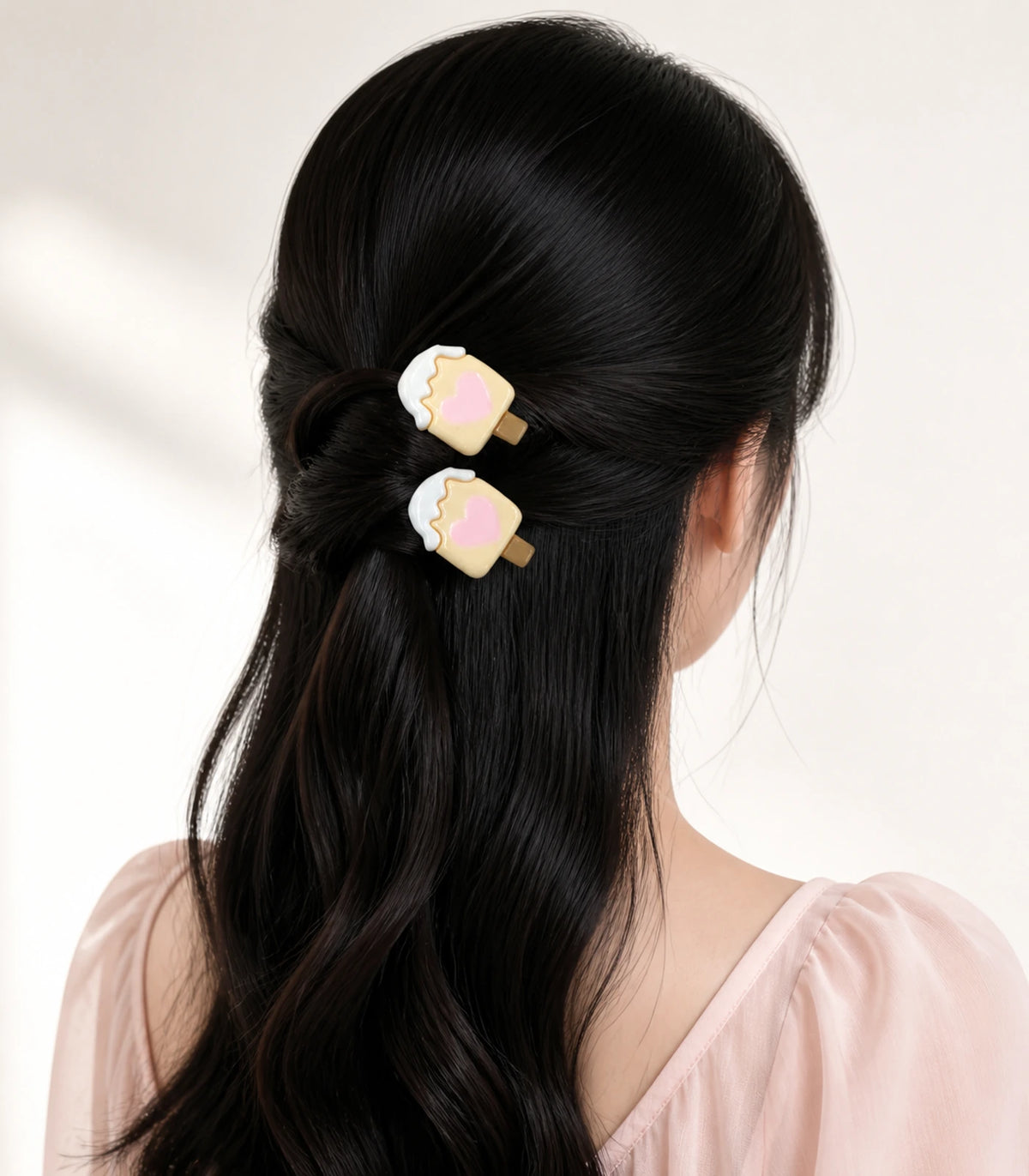 Editorial model view of the Cream Heart Popsicle Clip Pair