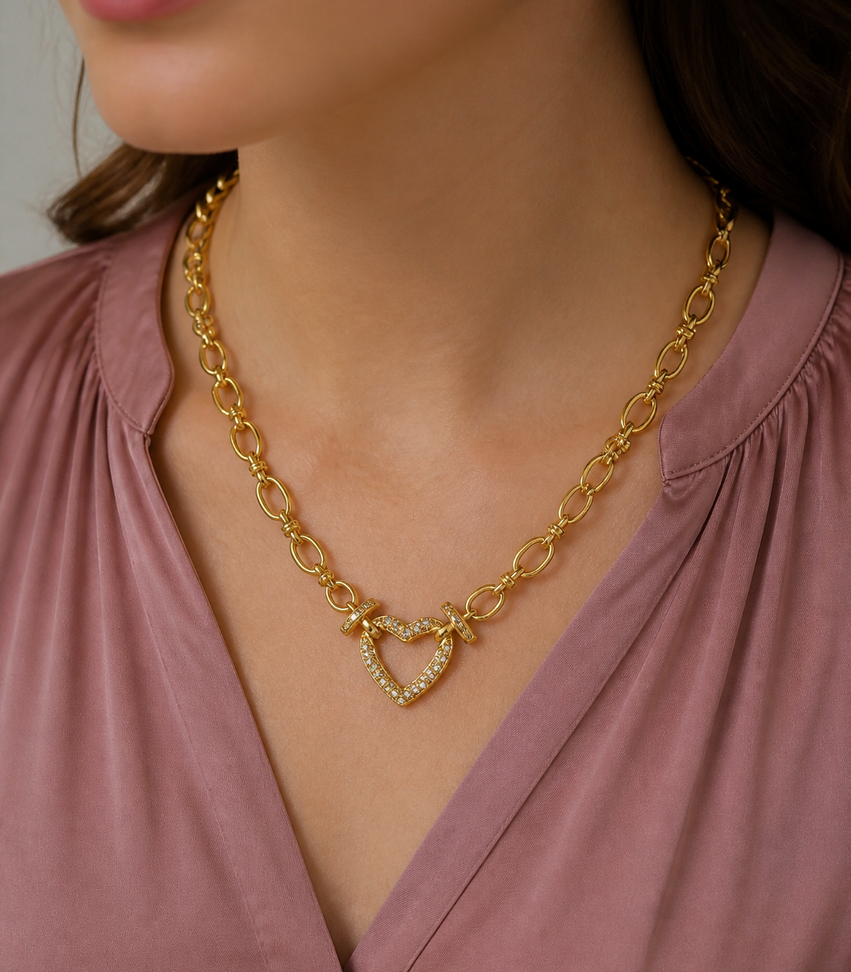 Crystal Heart Oval Link Necklace styled on a model
