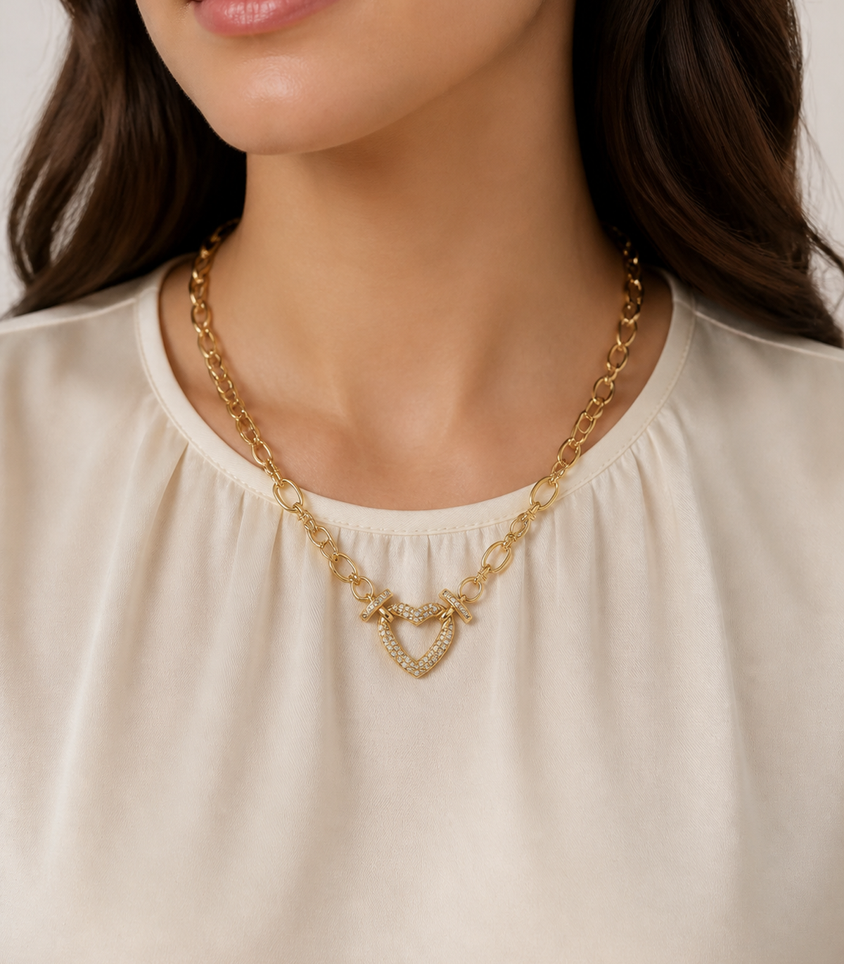 Crystal Heart Oval Link Necklace worn by a model