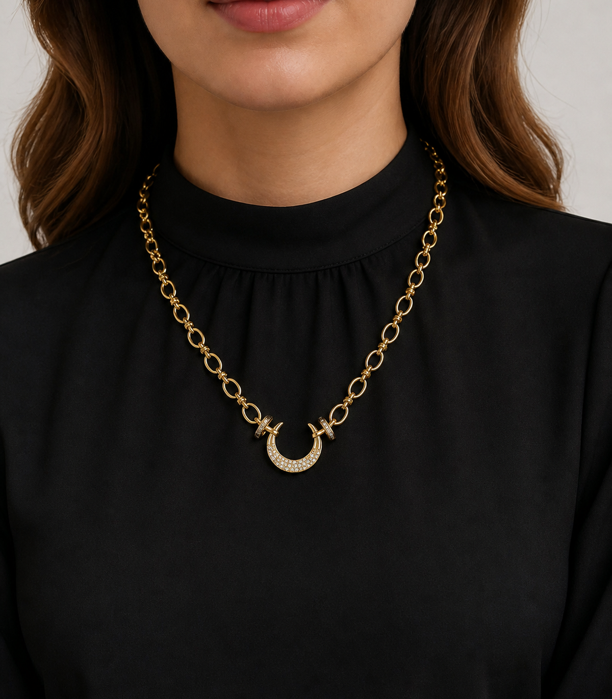 Crystal Horseshoe Oval Link Necklace worn by a model