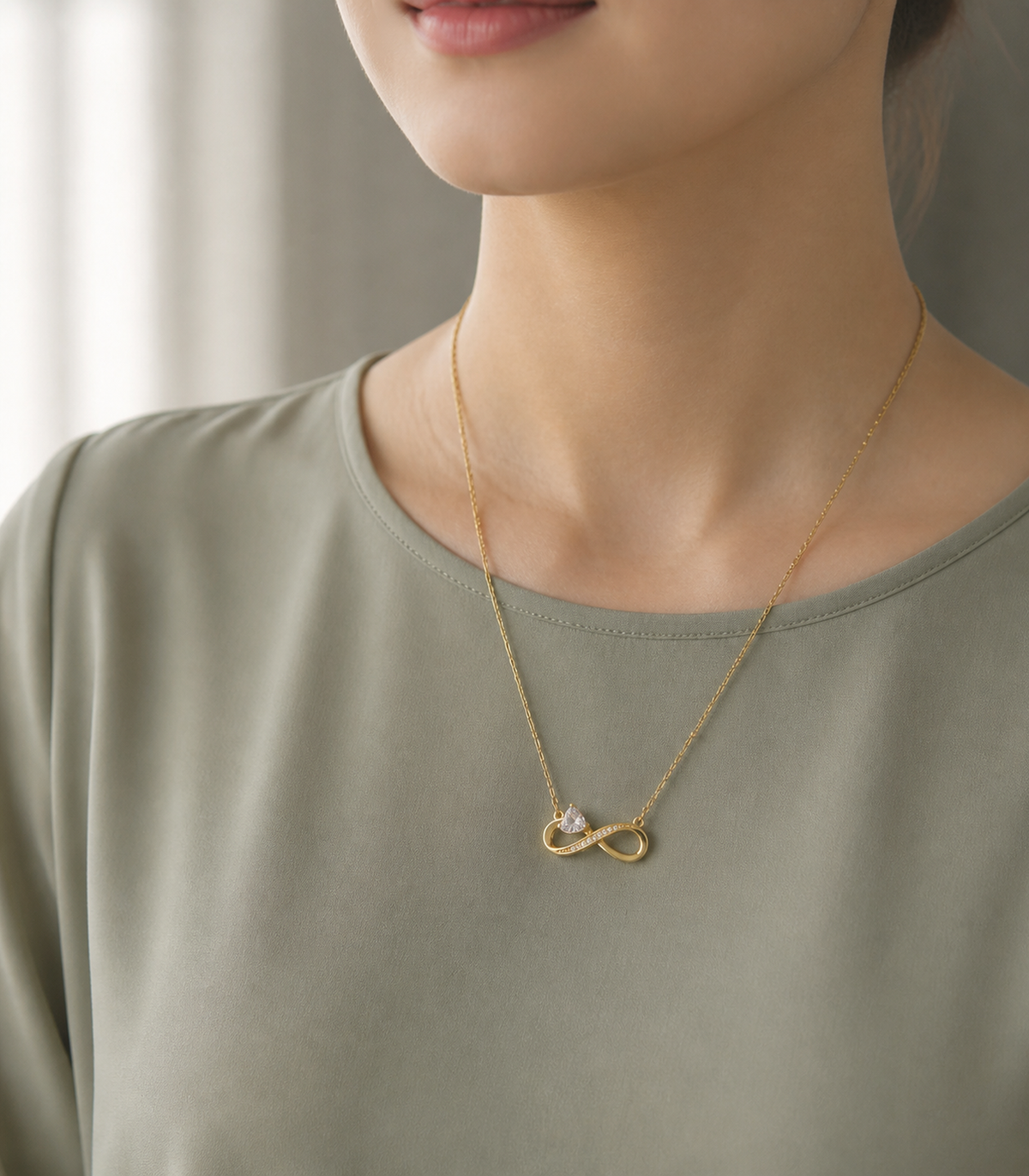 Crystal Infinity Heart Necklace styled on a model