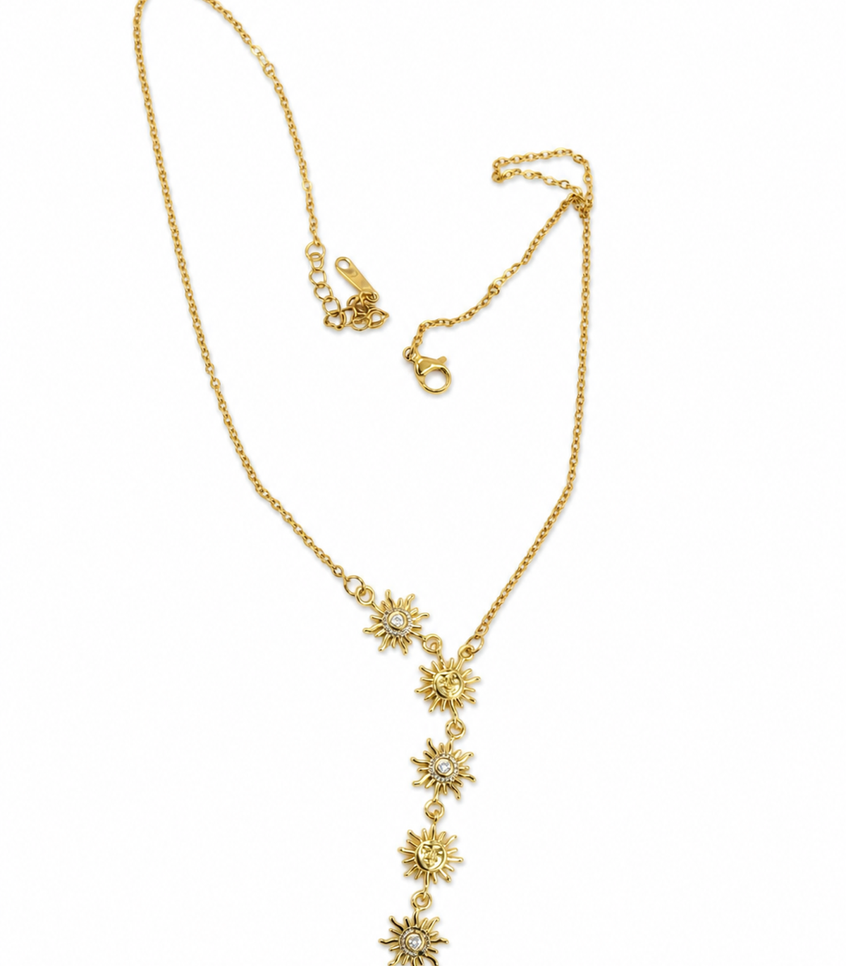 Crystal Sun Y Necklace styled in a flat lay