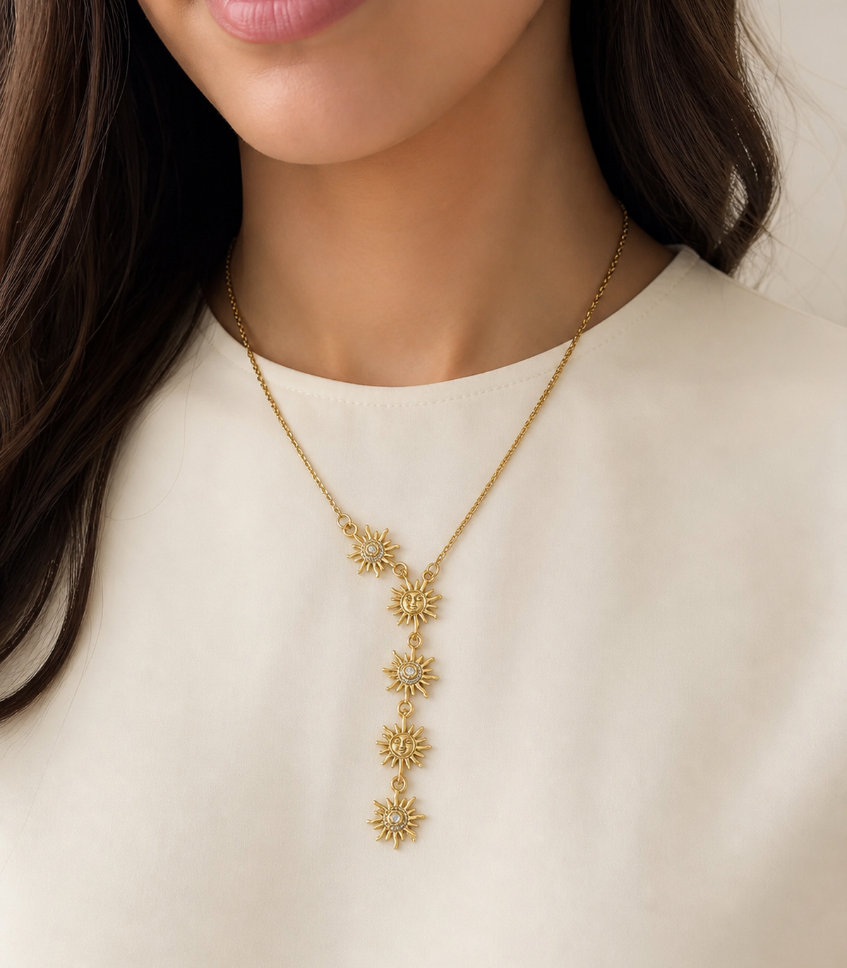 Crystal Sun Y Necklace worn by a model