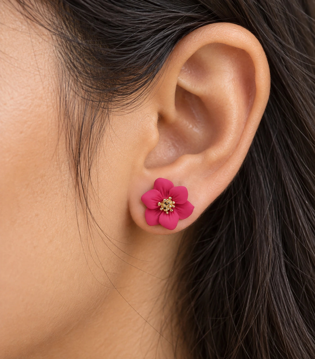 JIMIKI Deep Pink compact six petal flower stud earrings, close-up of six rounded petals and gold-tone centre #color_deep pink