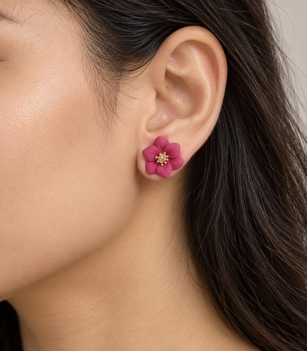 JIMIKI Deep Pink compact six petal flower stud earrings, flower stud worn at the ear #color_deep pink
