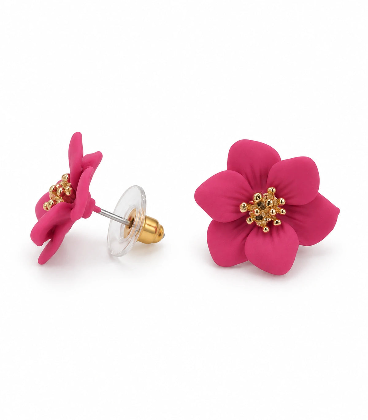 JIMIKI Deep Pink compact six petal flower stud earrings, matching pair on white background #color_deep pink