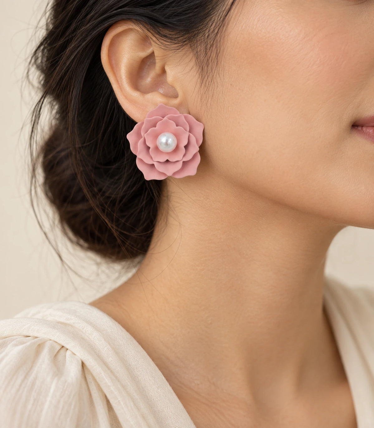 JIMIKI Layered Flower Pearl Stud Earrings, Dusty Pink — worn on the ear #color_dusty pink