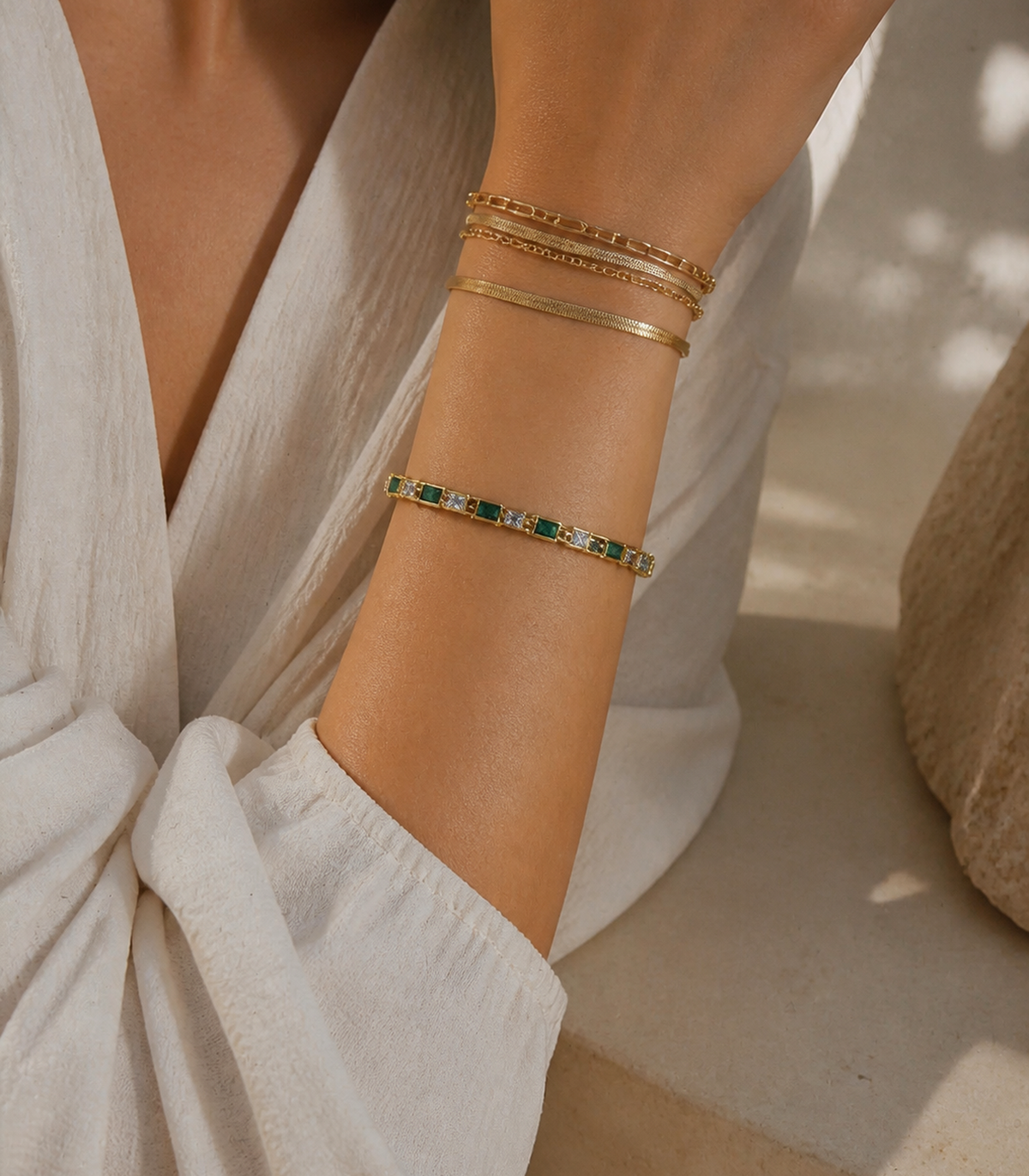 Close-up of Emerald Green Baguette Crystal Link Bracelet