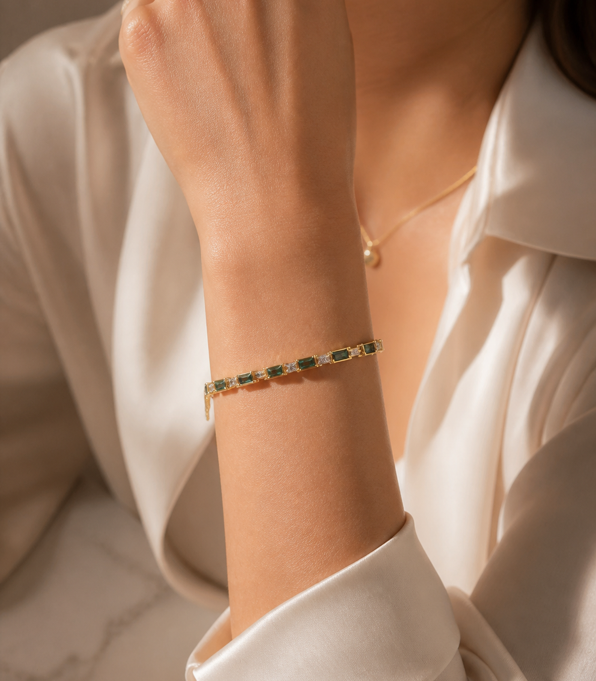 Emerald Green Baguette Crystal Link Bracelet worn by model