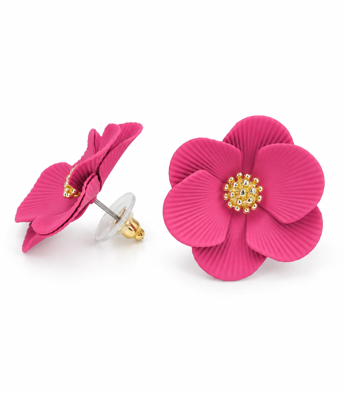 JIMIKI Fuchsia ribbed flower stud earrings, pair on a white background #color_fuchsia