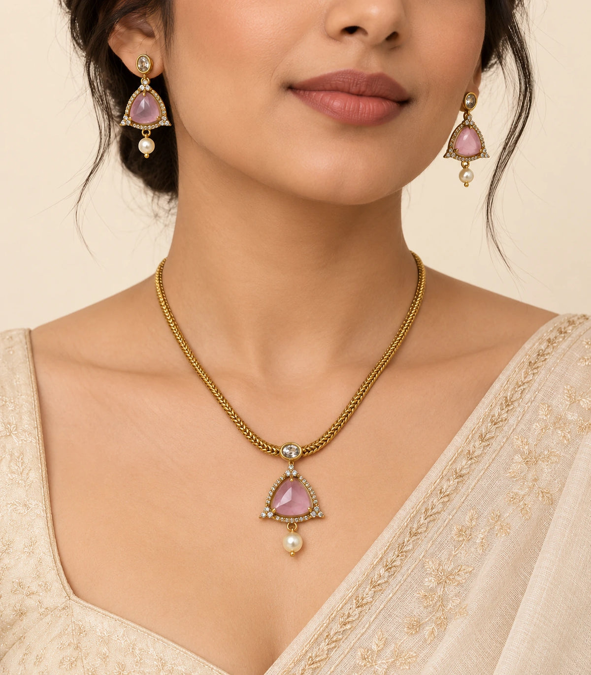 Gold-tone blush pink necklace set worn with both matching drop earrings