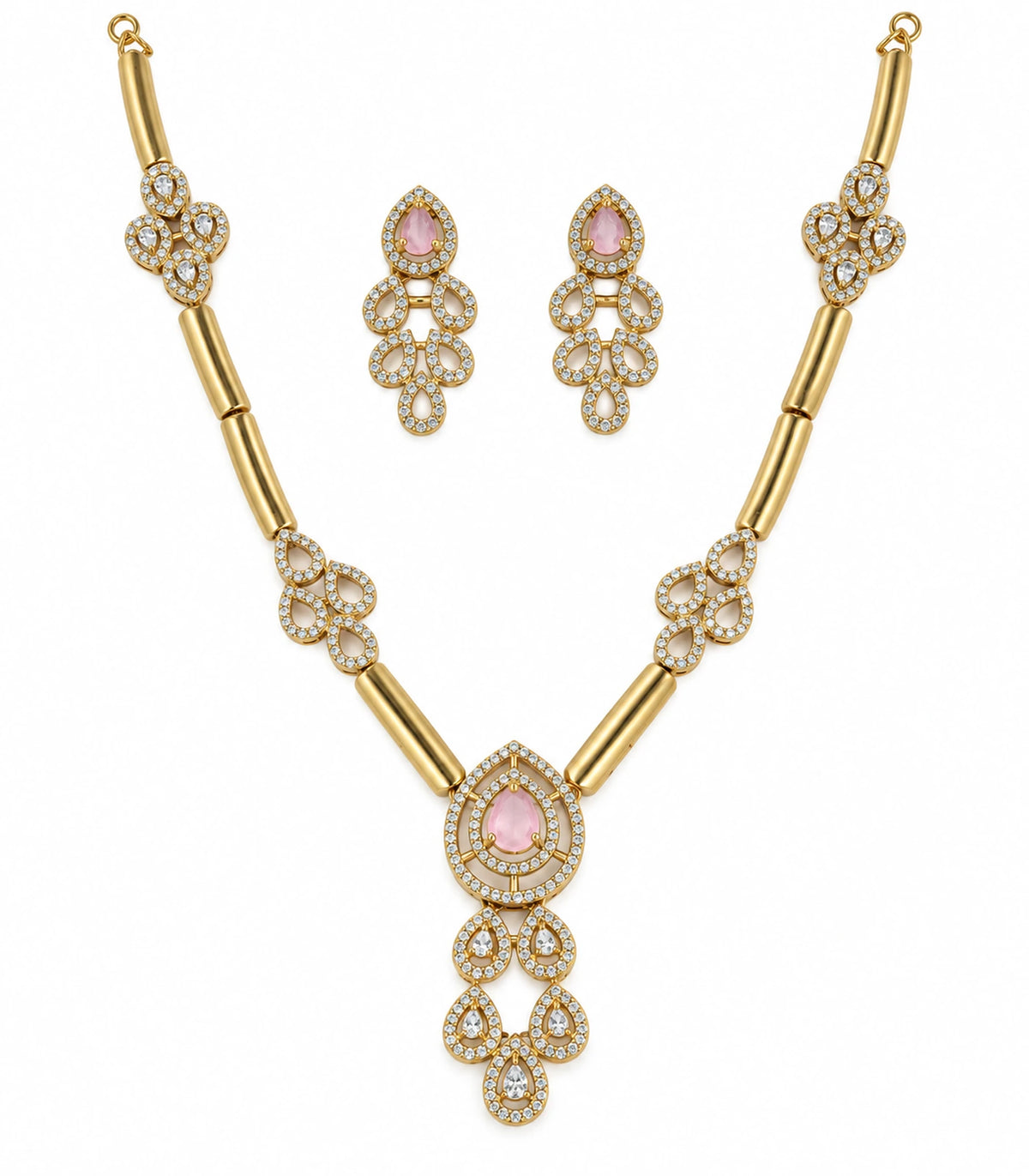 Complete gold-tone blush teardrop necklace and matching pair of earrings on white