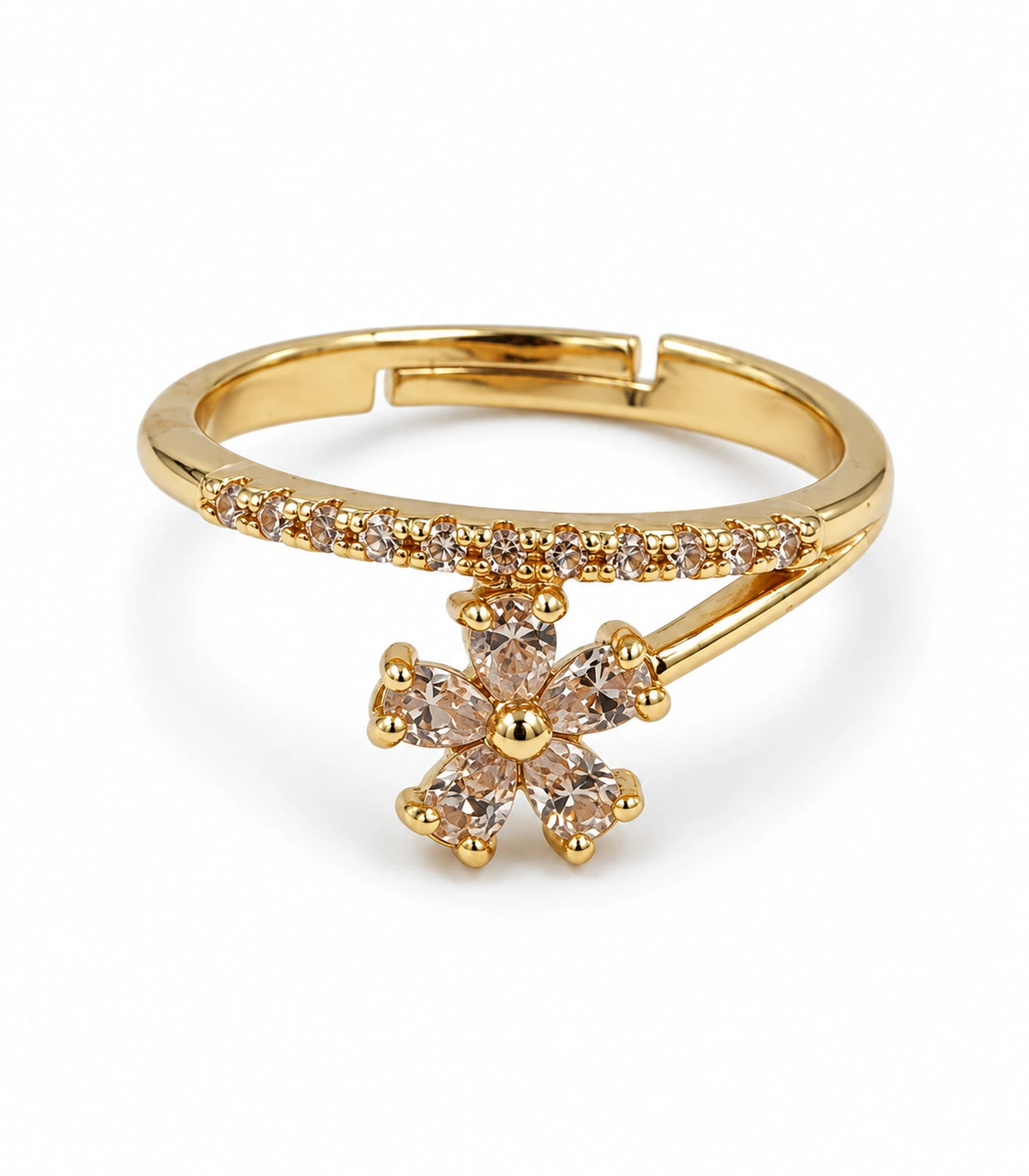 Gold Champagne Crystal Flower Sweep Ring — complete ring on white background
