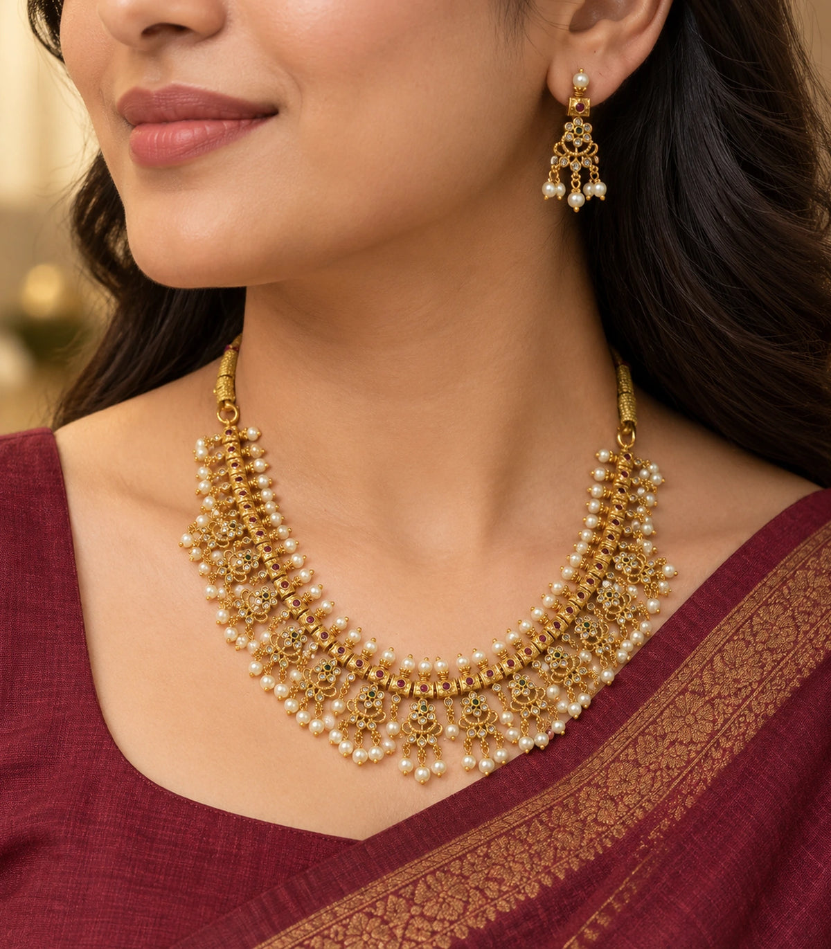 Gold Clear Fringe Statement Necklace Set worn with a burgundy outfit.