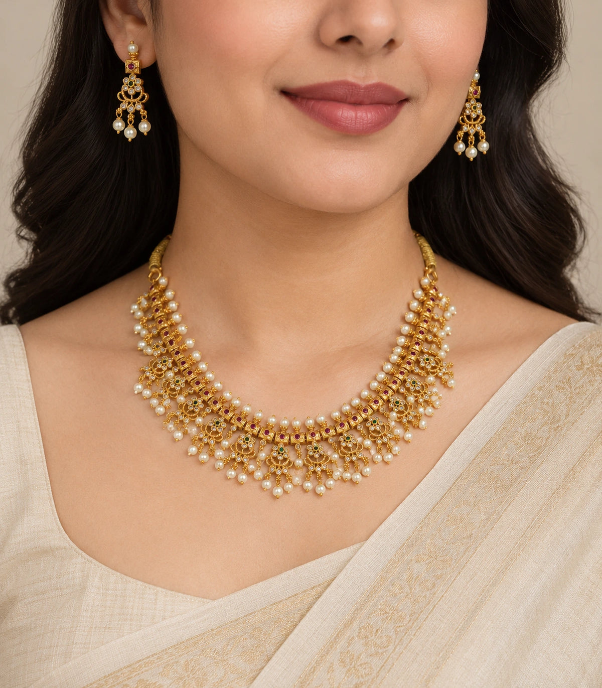 Gold Clear Fringe Statement Necklace Set worn with a cream outfit and matching earrings.