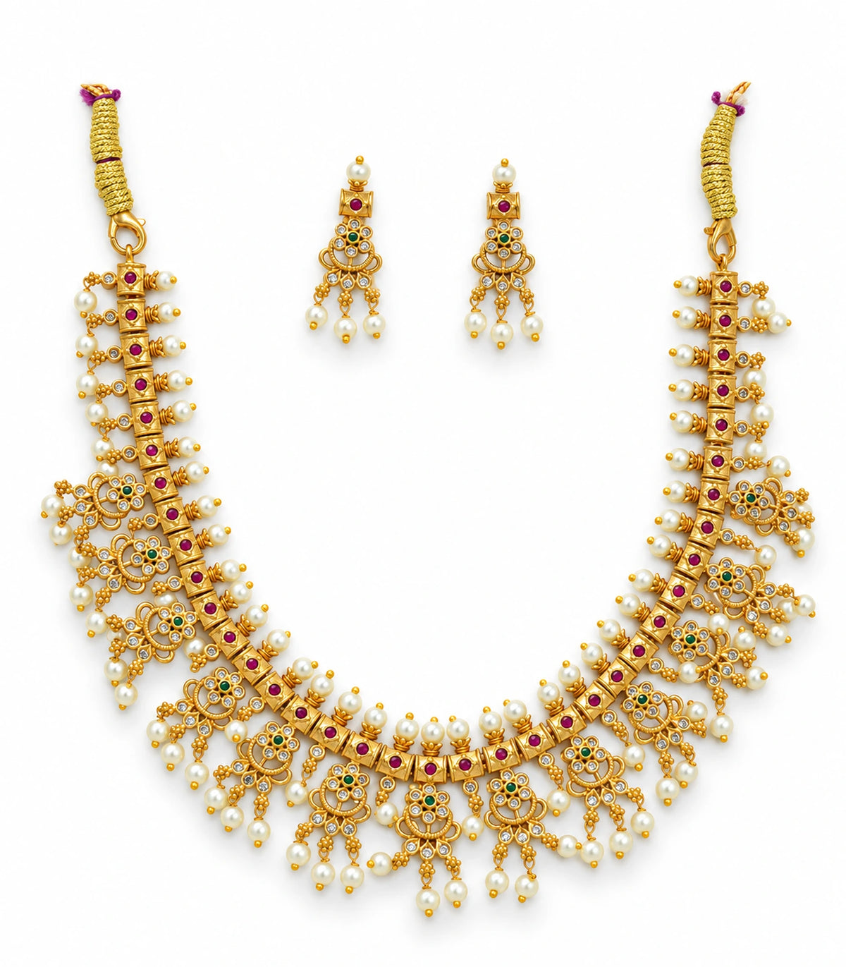 Gold Clear Fringe Statement Necklace Set: complete necklace and matching earring pair on white.