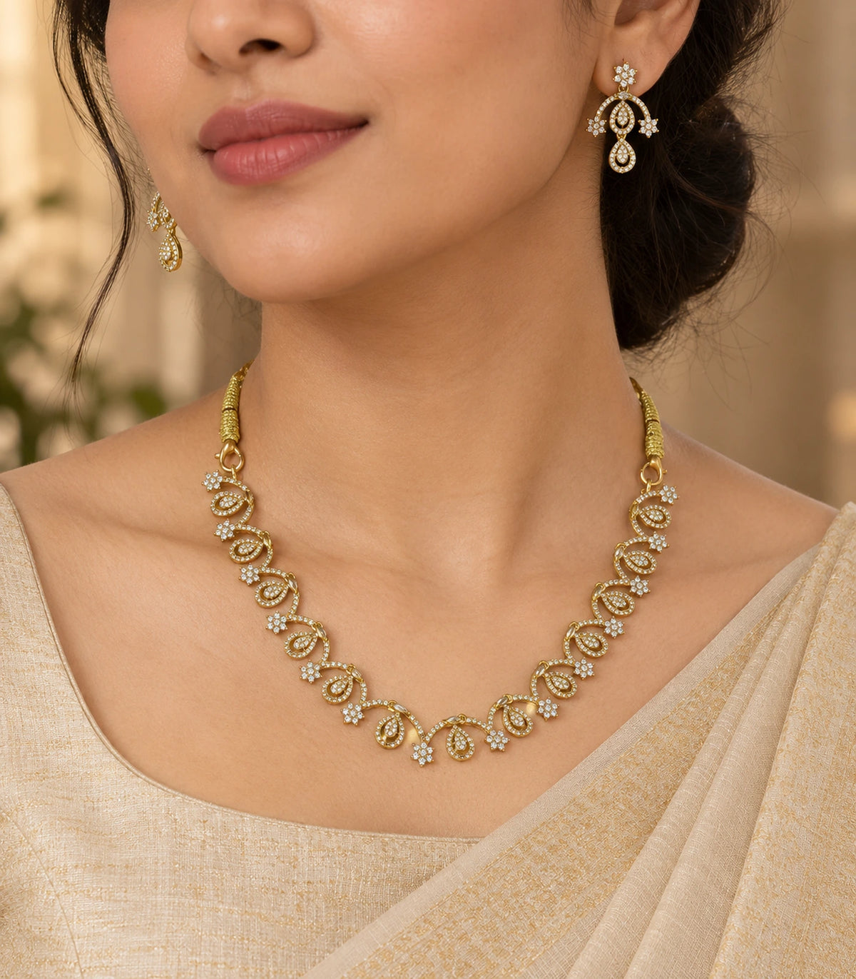Gold Clear Loop Crystal Necklace Set worn in a three-quarter editorial composition