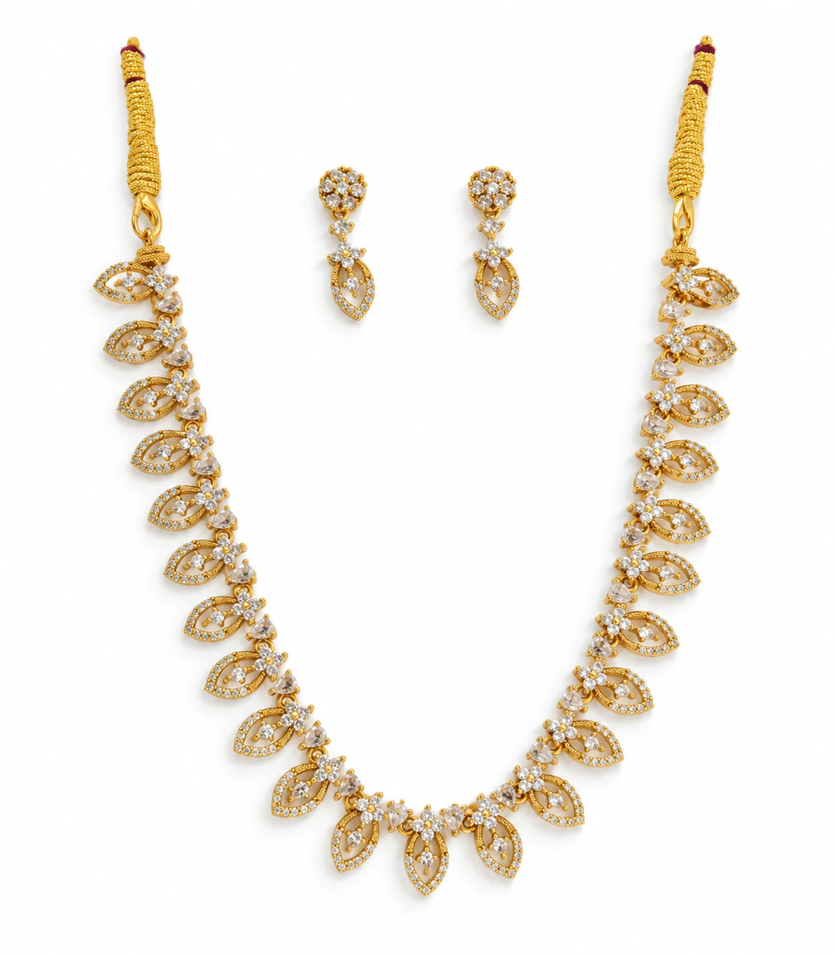 Gold Clear Marquise Crystal Necklace Set with one necklace and matching pair of drop earrings on white