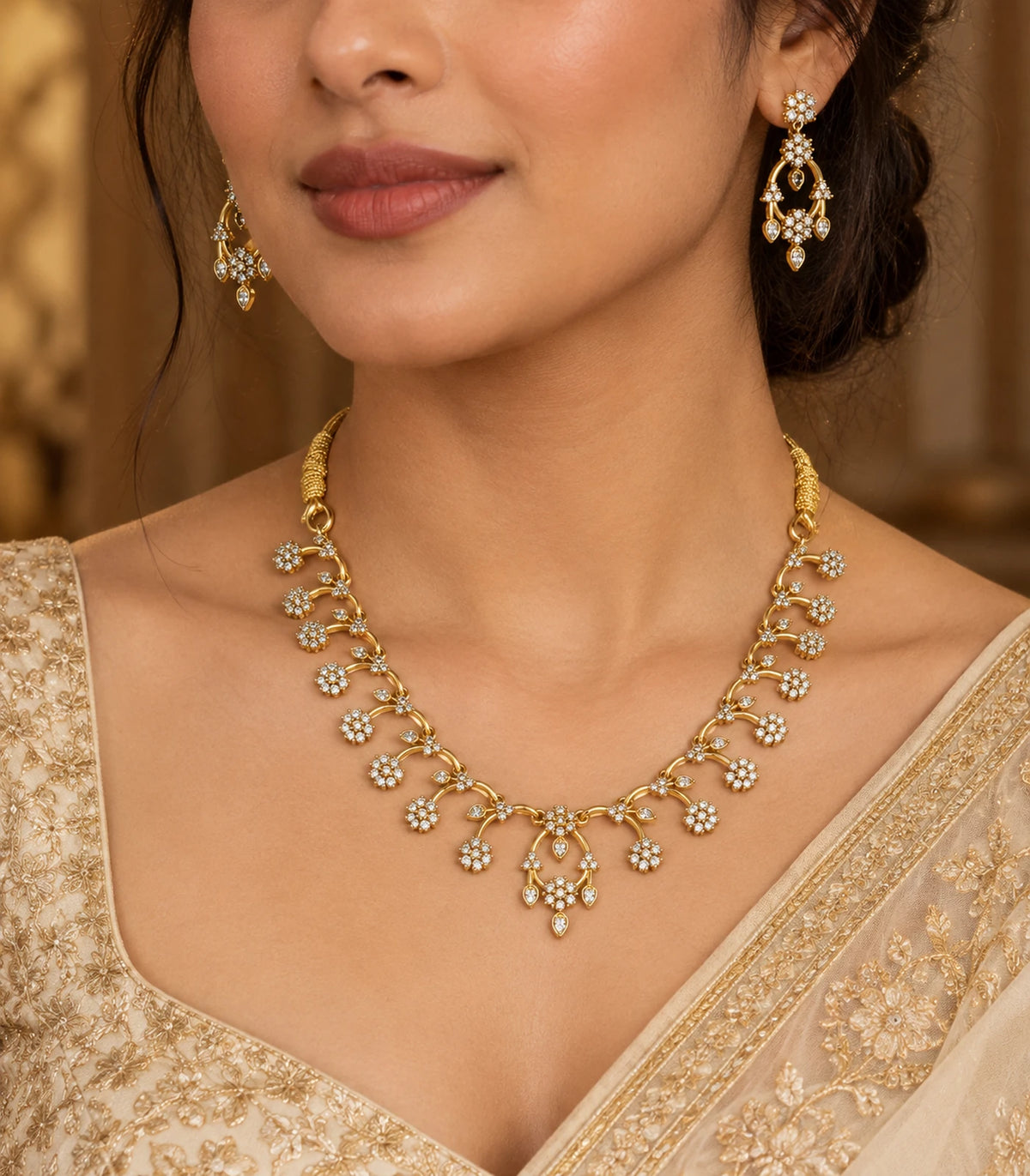 Gold-tone clear floral necklace set worn with an embroidered occasion outfit