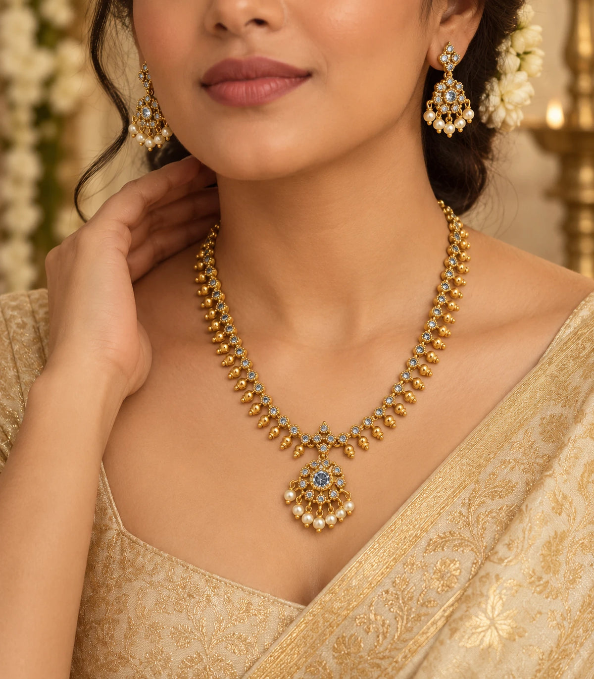 Gold Clear Round Pearl Fringe Pendant Necklace Set worn with matching earrings in occasion styling