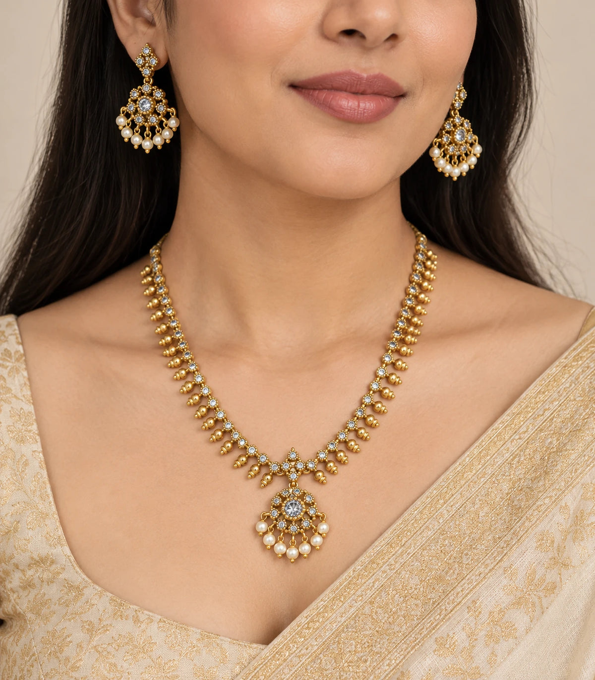 Gold Clear Round Pearl Fringe Pendant Necklace Set worn with matching earrings