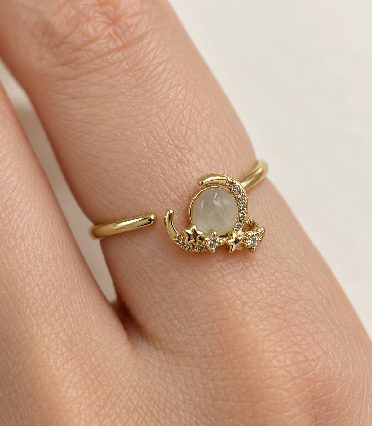 Gold crescent star cabochon open ring — closeup