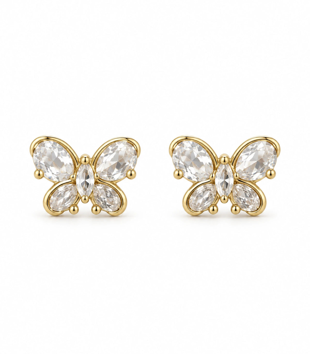 JIMIKI Gold Crystal Butterfly Stud Earrings — pair on white background #color_gold-tone