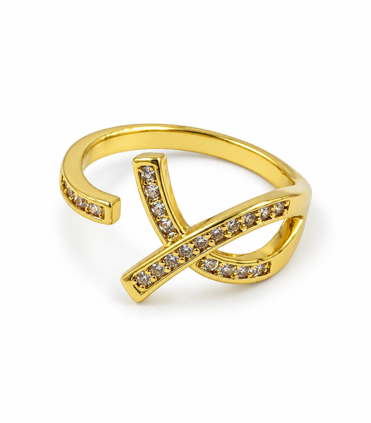 Gold Crystal Crossing Ribbon Open Ring on a white background