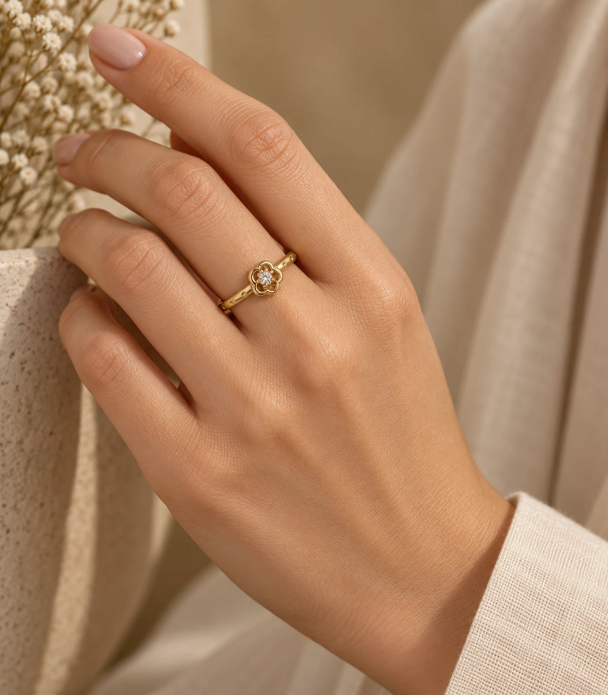Gold Crystal Flower Open Ring worn in an editorial hand composition