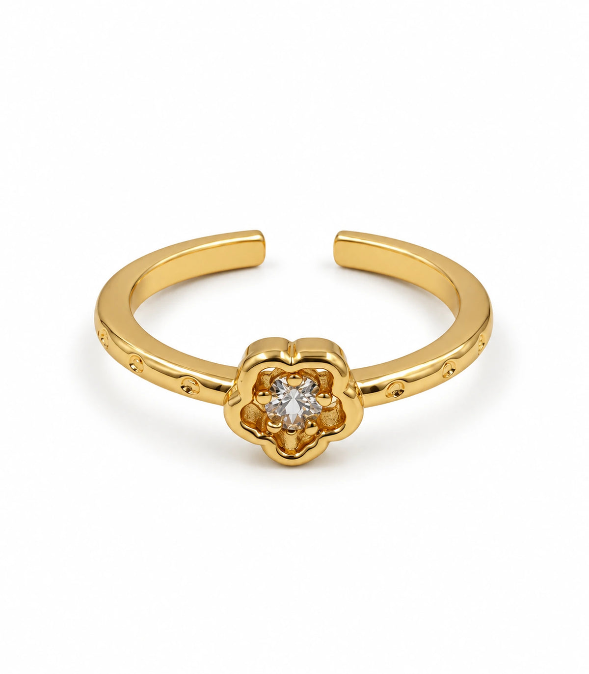 Gold Crystal Flower Open Ring, complete gold-tone open band on white