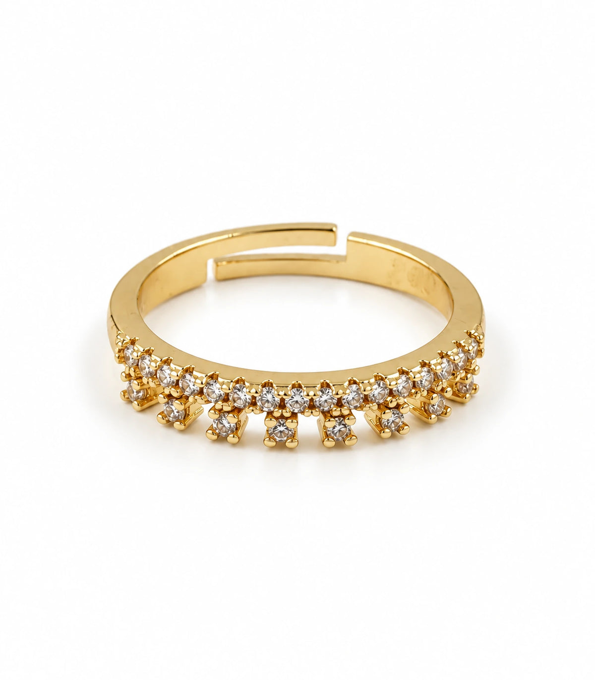 Gold Crystal Fringe Band Ring, complete gold-tone ring on white background