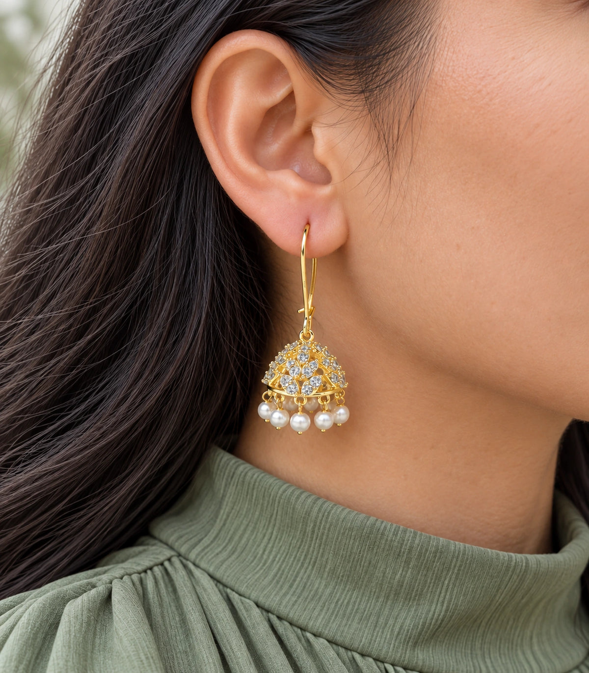 JIMIKI Crystal Leaf Pearl Hoop Jhumka Earrings - Gold close-up of earring worn on the ear #color_gold