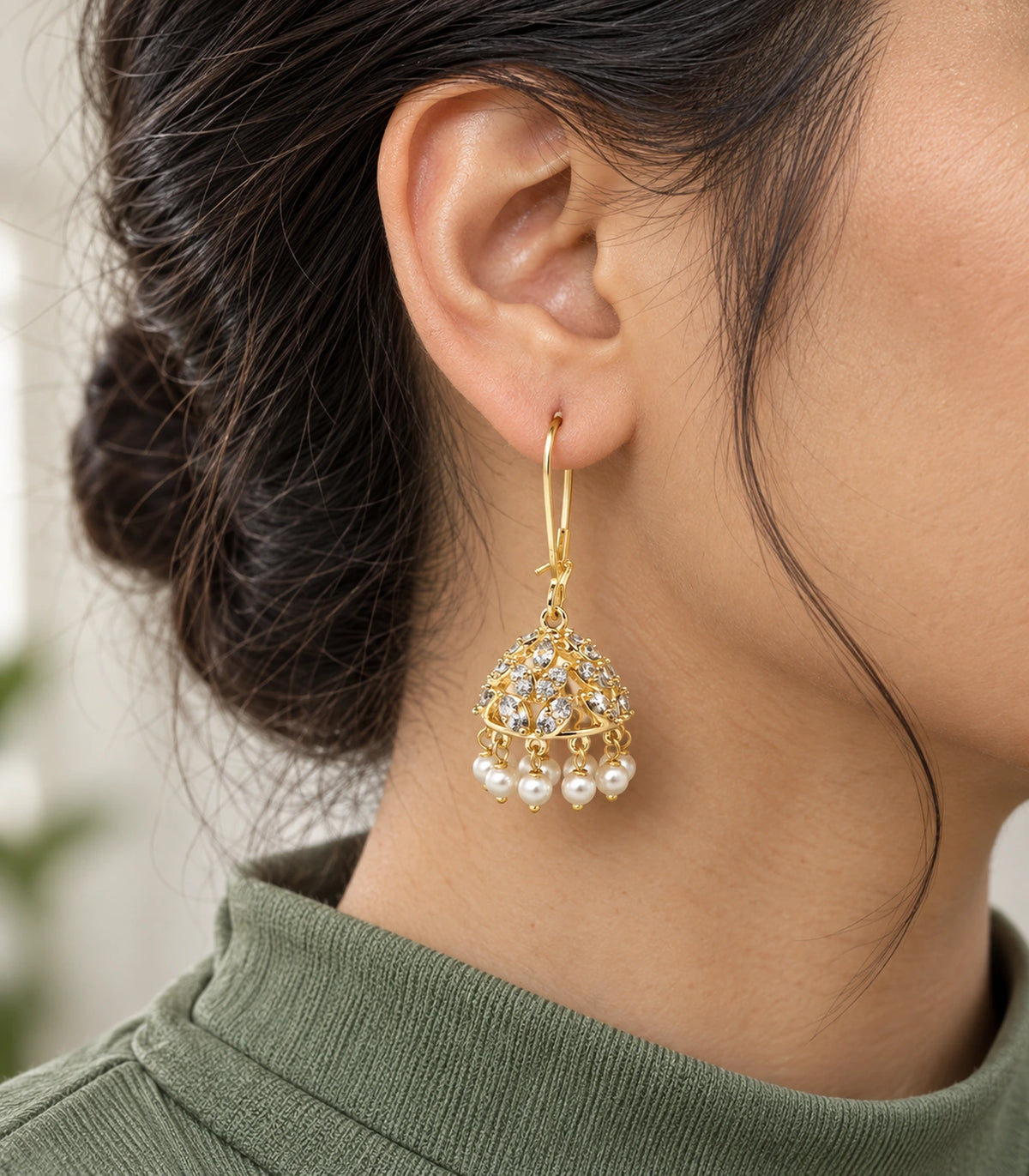 JIMIKI Crystal Leaf Pearl Hoop Jhumka Earrings - Gold earring in a styled model view #color_gold