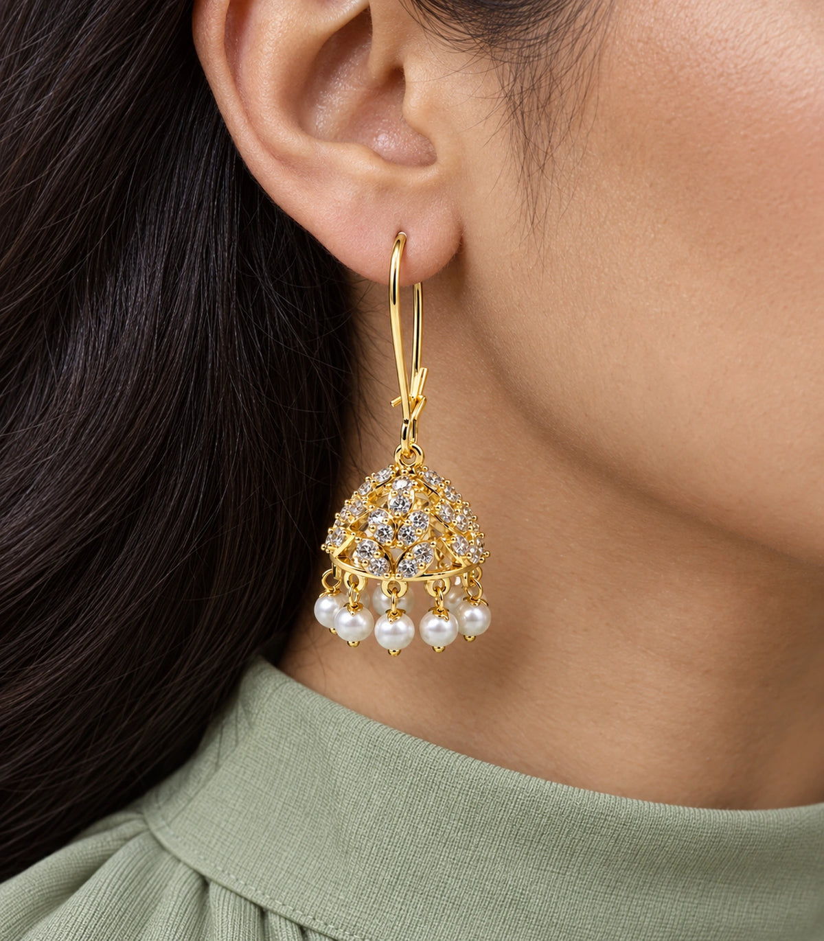 JIMIKI Crystal Leaf Pearl Hoop Jhumka Earrings - Gold earring worn by a model #color_gold