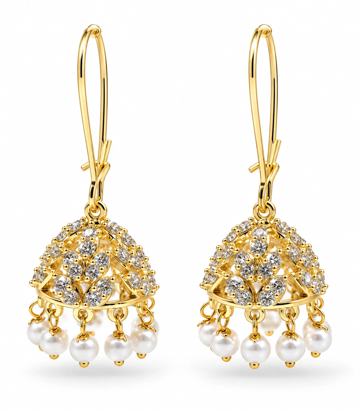 JIMIKI Crystal Leaf Pearl Hoop Jhumka Earrings - Gold pair on white background #color_gold