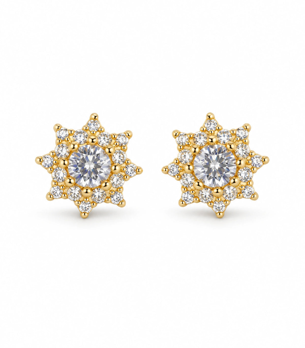 Pair of gold-tone crystal sunburst stud earrings on a white background
