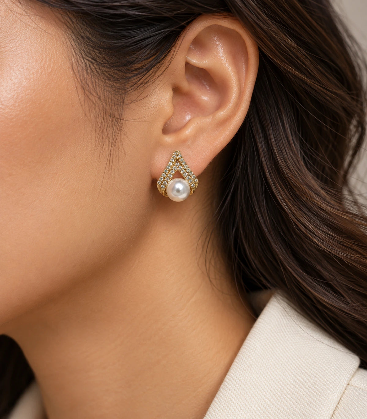 JIMIKI Gold Crystal Teardrop Pearl Earrings — editorial worn styling #color_gold-tone
