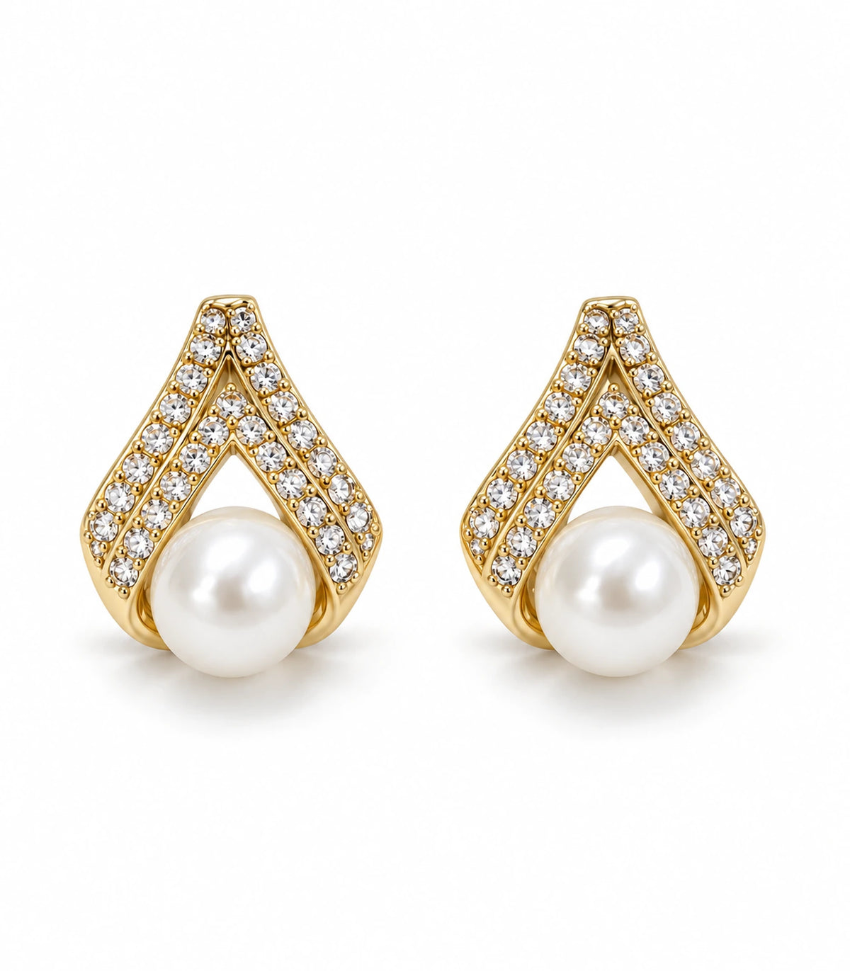 JIMIKI Gold Crystal Teardrop Pearl Earrings — pair on white background #color_gold-tone