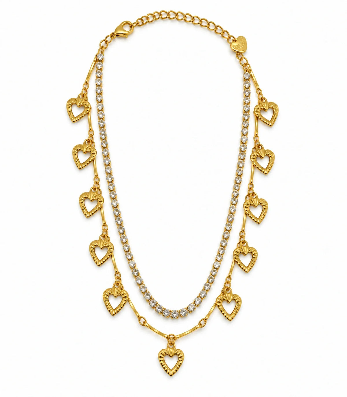 Gold Crystal Tennis Heart Charm Layered Anklet — white background
