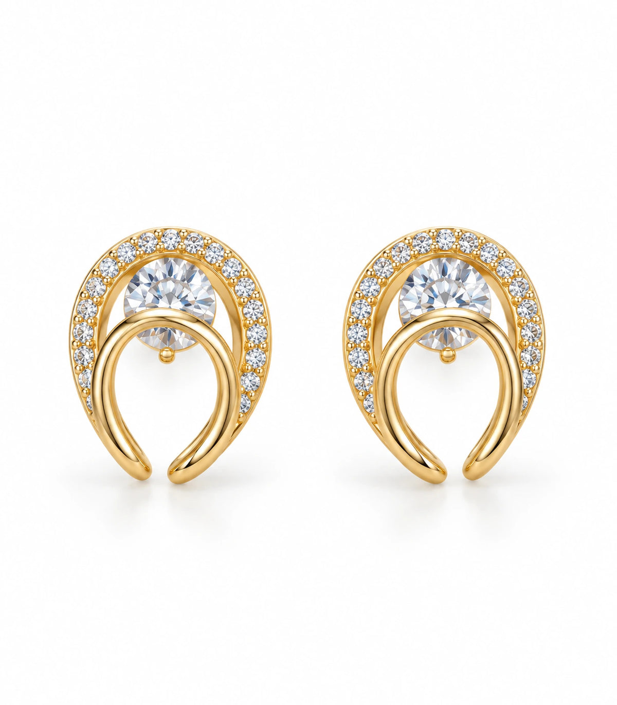 Matching pair of gold-tone double-loop stud earrings with clear accents on white