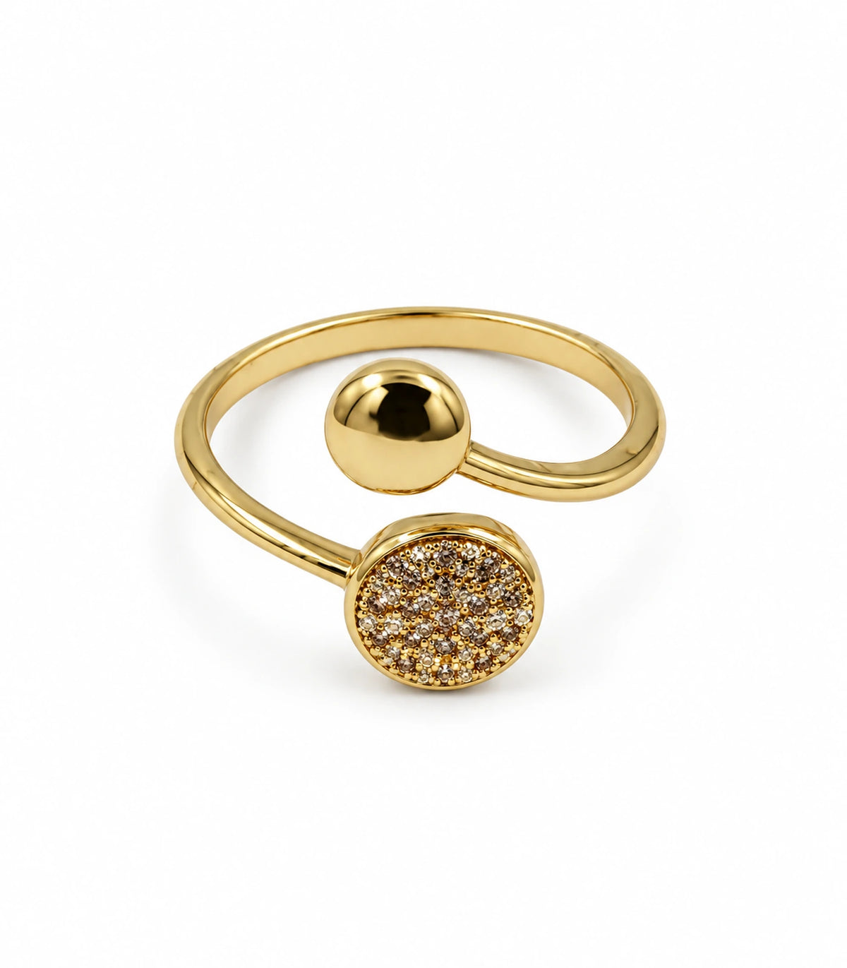 Gold Dual Disc Crystal Open Ring, complete ring on a white background