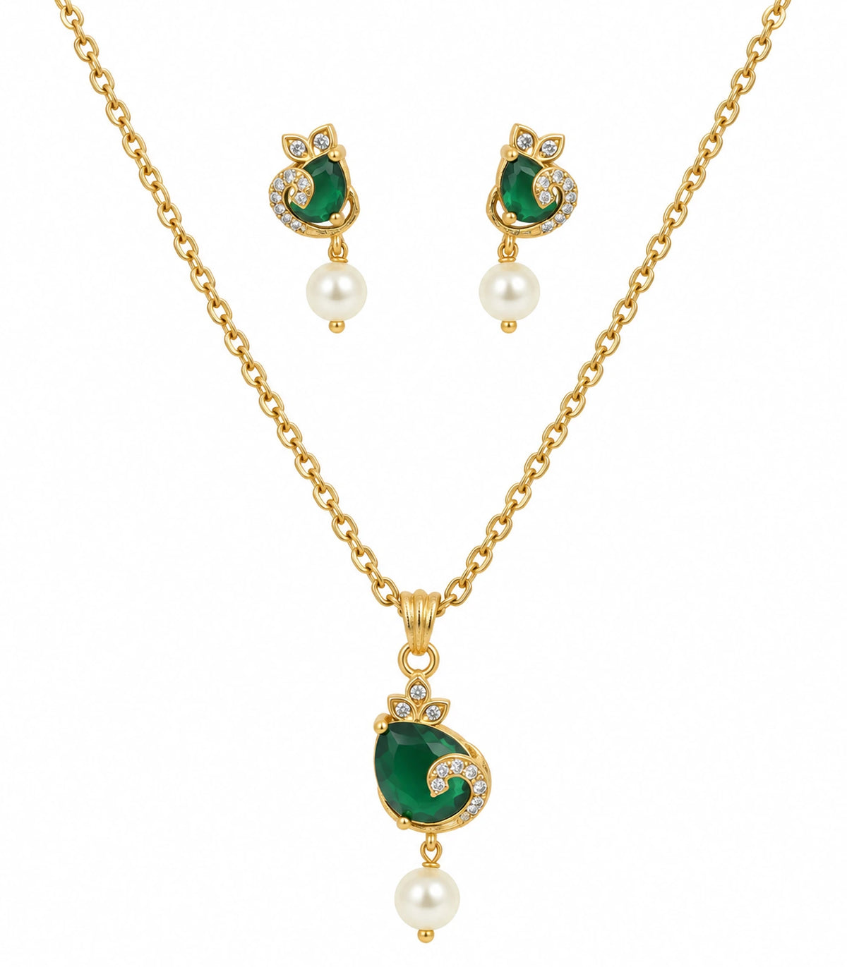 Gold-tone emerald-green crescent pendant necklace and matching pearl-look drop earrings on white